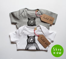 Bear Babygrow/Babyvest * Mr Bear Short sleeved * Screen printed on super soft cotton - available in white & grey, in sizes 0-3 months upto 12 months * Gift wrapped too*