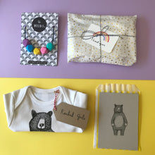 Bear Babygrow/Babyvest * Mr Bear Short sleeved * Screen printed on super soft cotton - available in white & grey, in sizes 0-3 months upto 12 months * Gift wrapped too*