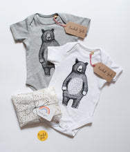Bear Babygrow/Babyvest * Mr Bear Short sleeved * Screen printed on super soft cotton - available in white & grey, in sizes 0-3 months upto 12 months * Gift wrapped too*