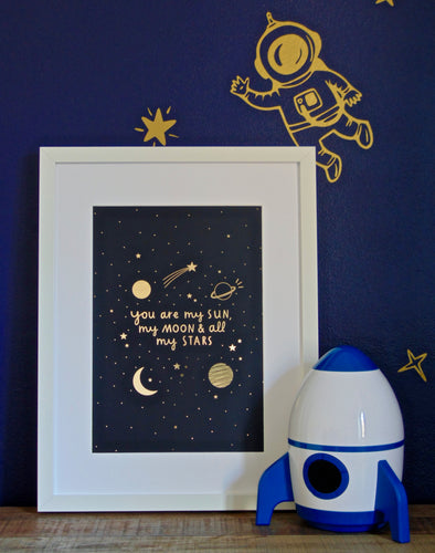 Sun, Moon and Stars Navy & Gold A4 Print