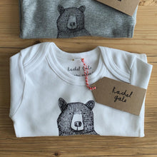 Mr Bear Babygrow/Babyvest * Long sleeved * Super soft, 100% organic cotton - WHITE & GREY -3 sizes available