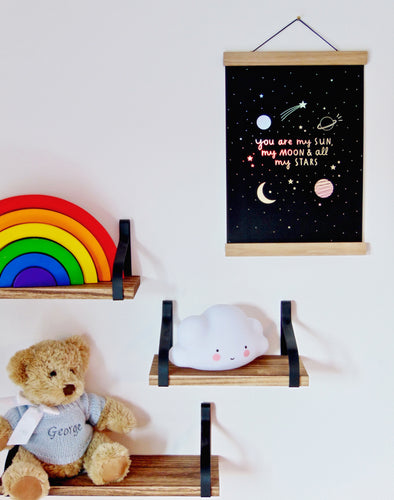 Sun, Moon and Stars Black & Silver A4 Art Print- with rainbow holographic detail