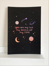Sun, Moon and Stars Black & Silver A4 Art Print- with rainbow holographic detail